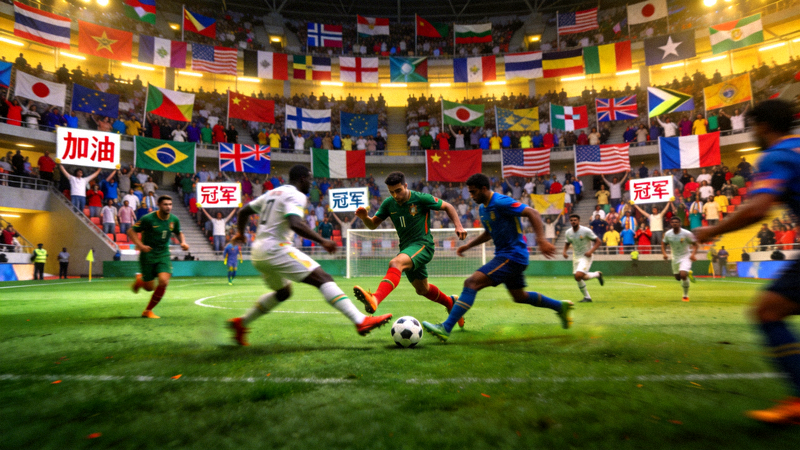 世界杯决赛直播画面 - 球员在绿茵场上激烈拼抢，看台上坐满挥舞旗帜的球迷