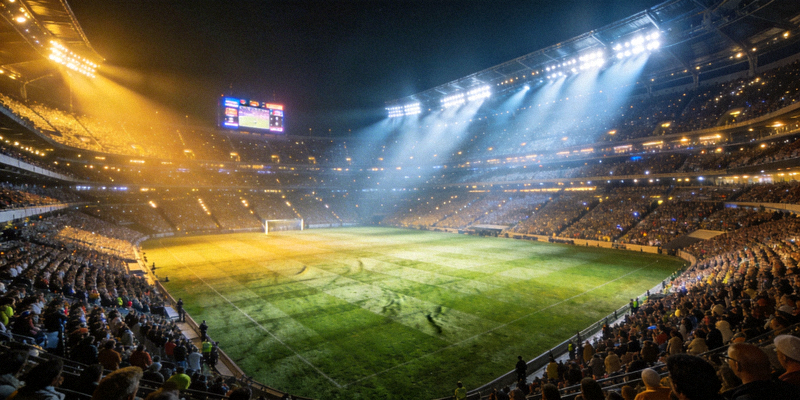 世界杯赛场全景 - 巨大的体育场内座无虚席，绿茵场被灯光照亮